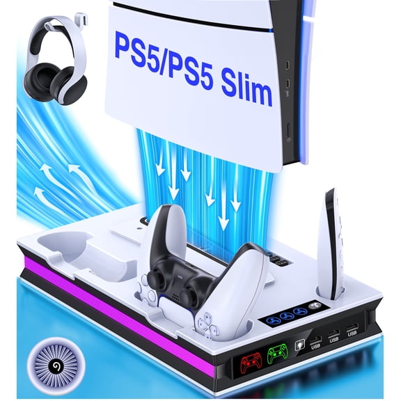 PS5 Stand Cooling Station with Dual Controller Charging Station for Playsation 5 Pro/PS5 Slim/PS5 Disc/Digital Console with PS5 Console Accessories