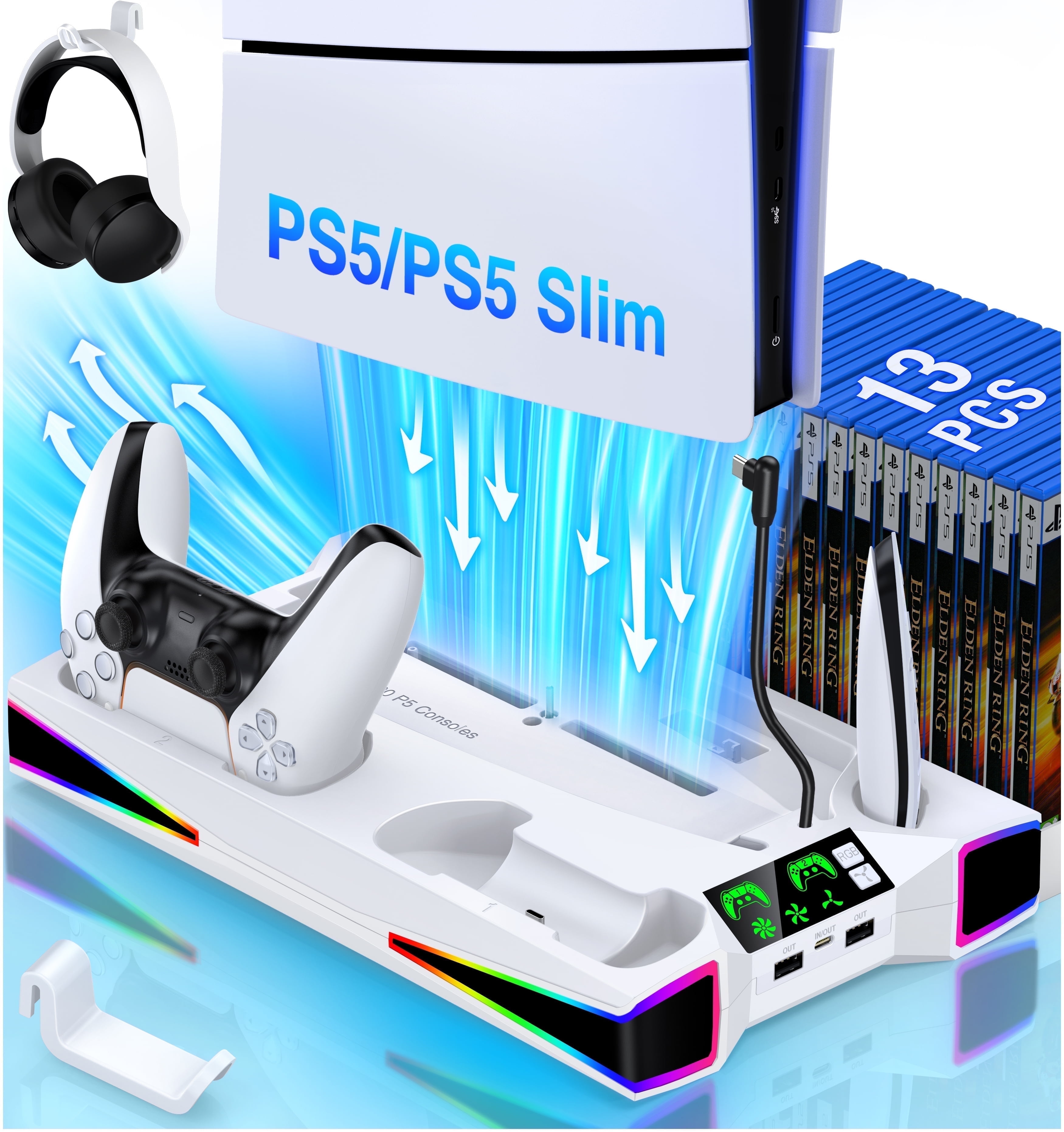 PS5 Stand Cooling Station for PS5/PS5 Slim with Controller Charger, ESYWEN PS5 Accessories for PlayStation 5- White