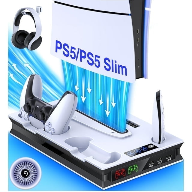 Daenfyy PS5 Stand for PS5/PS5 Slim, PS5 Cooling Station Stand with Cooling Fan, Dual Controller Charger, Headset Holder, 3 Charger Port