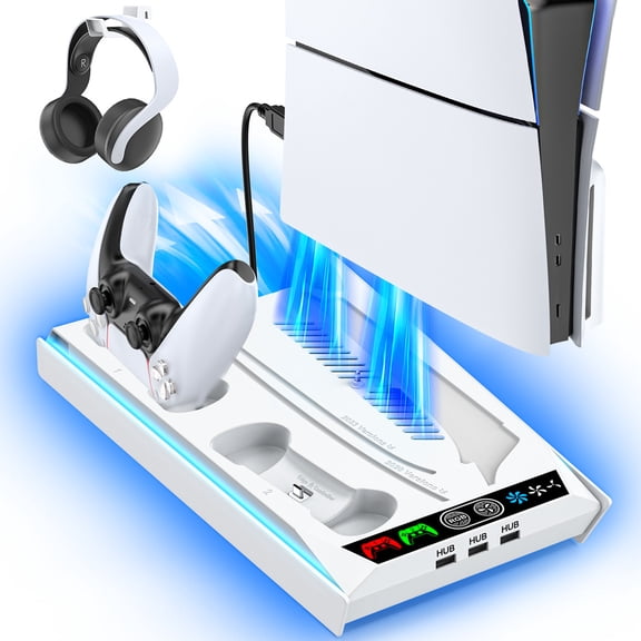Game Console Stand Accessories for PS5/PS5 Slim Disc Digital, 3-Level Cooling Station and RGB LED with Controller Charger for DualSense & Edge Gamepad with 3 USB HUB-White