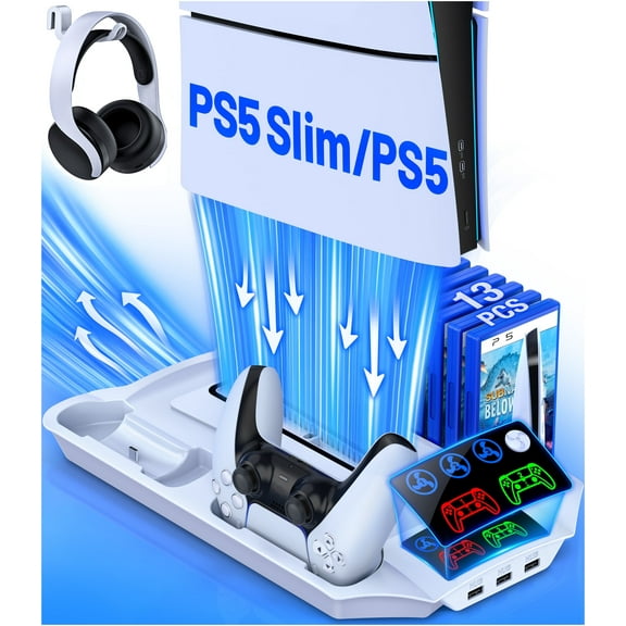 PS5 Stand for PS5 Slim/PS5, PS5 Cooling Station with PS5 Controller Charger, PS5 Accessories for with 13 Game Slots
