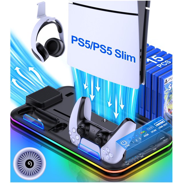 PS5 Stand with Cooling Fan For 2023 New PS5 Silm, Dual Controller
