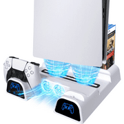 PS5 Stand with Cooling Fan and Dual Controller Charger for Playstation 5 Console & DualSense with 11 Games Slots with LED Indicator, White