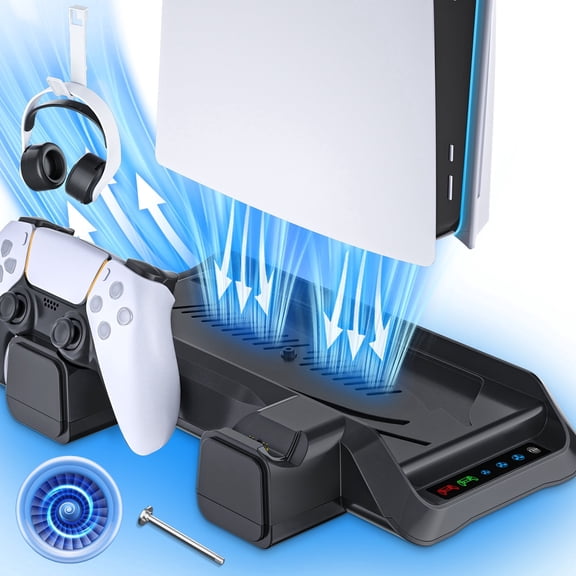 PS5 Stand with Cooling Fan, PS5 Cooling Station with Dual Controller Charging Station,PS5 Accessories for PS5 Standard Edition & Slim Edition & Pro Edition consoles - 3 Levels Fan Black