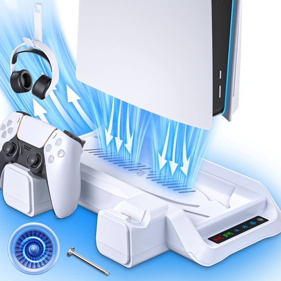 PS5 Stand with Cooling Fan, PS5 Cooling Station with Dual Controller Charging Station,PS5 Accessories for PS5 Standard Edition & Slim Edition & Pro Edition consoles - 3 Levels Fan White