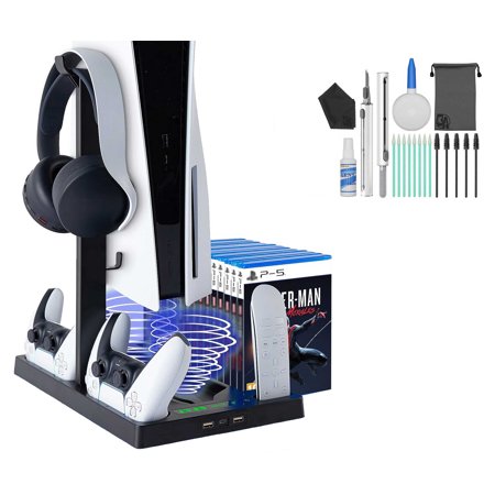 Pre-Owned PS5 Vertical Stand with Cooling Fan and Dual Controller Charger - Indicator Lamps and 15 Game Slots BOLT AXTION Bundle