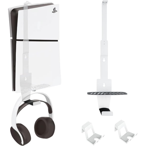 PS5 Wall Mount, Heavy-Duty Steel Mount Kit for Protection & Cooling with 2 Controller Holder and Headset Holder,Compatible All Models Including Slim, Pro, Original(White)