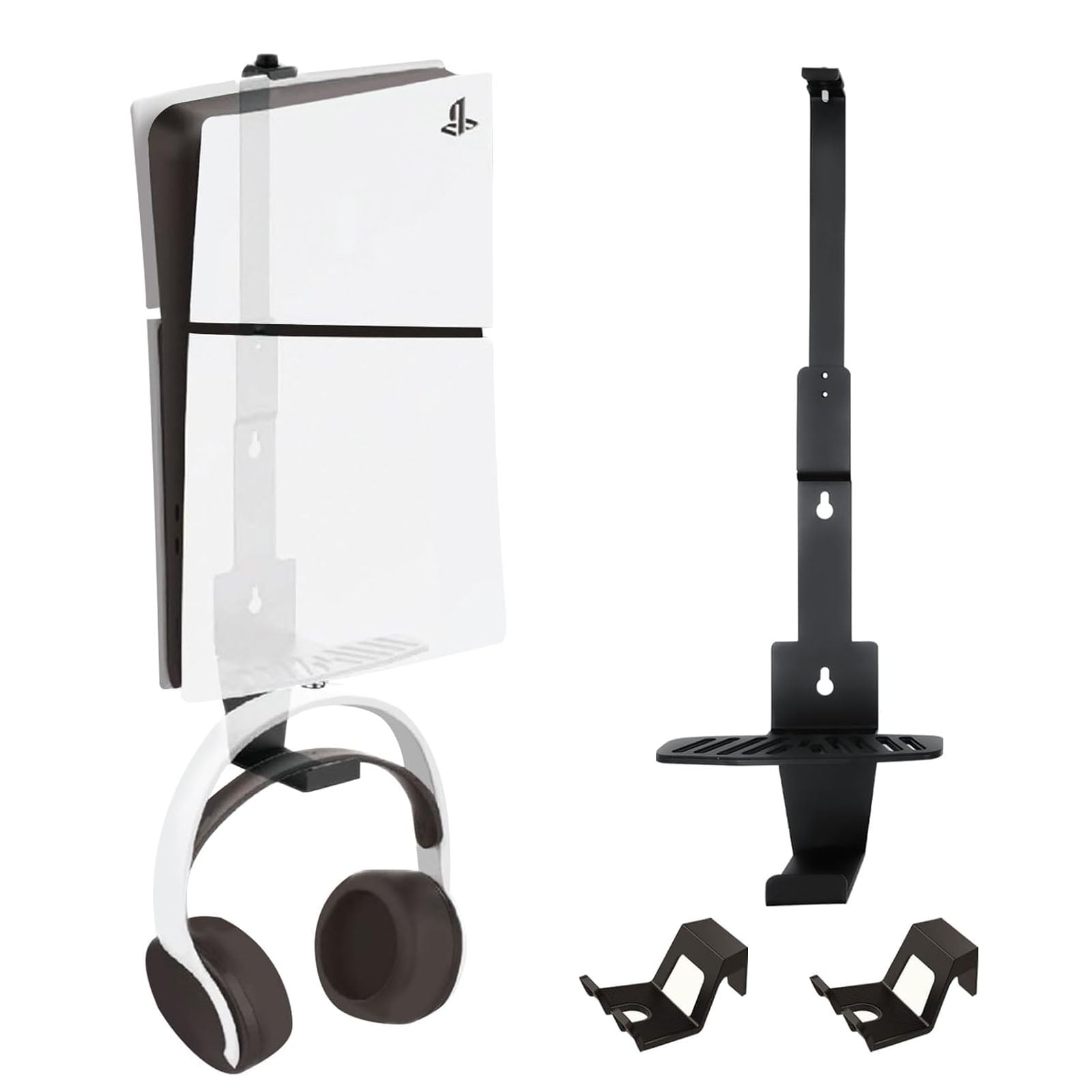 PS5 Wall Mount, Heavy-Duty Steel Mount Kit for Protection & Cooling with 2 Controller Holder and Headset Holder,Compatible with All PS5 Models Including Slim, Pro, Original, Black