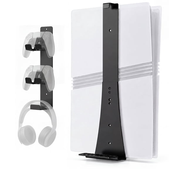 PS5 Wall Mount with 2 Controller Holders, Sturdy Metal Console Holder Compatible with PlayStation 5/ PS5 Slim/ PS5 Pro Disc & Digital Editions, Black