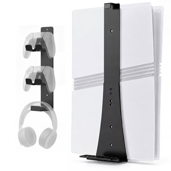 PS5 Wall Mount with 2 Controller Holders, Sturdy Metal Console Holder Compatible with PlayStation 5/ PS5 Slim/ PS5 Pro Disc & Digital Editions, Black