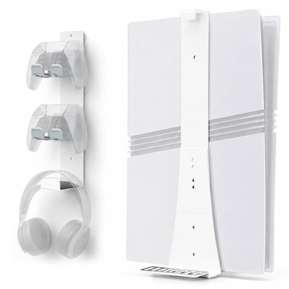 PS5 Wall Mount with 2 Controller Holders, Sturdy Metal Console Holder Compatible with PlayStation 5/ PS5 Slim/ PS5 Pro Disc & Digital Editions, White