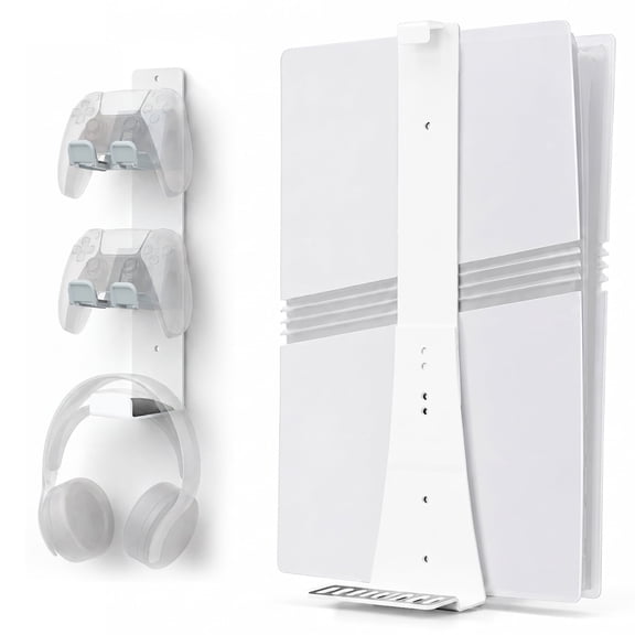 PS5 Wall Mount with 2 Controller Holders, Sturdy Metal Console Holder Compatible with PlayStation 5/ PS5 Slim/ PS5 Pro Disc & Digital Editions, White