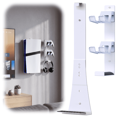 PS5 Wall Mount with 2 Controller Holders, Sturdy Metal Console Holder Compatible with PlayStation 5/ PS5 Slim/ PS5 Pro Disc & Digital Editions, White