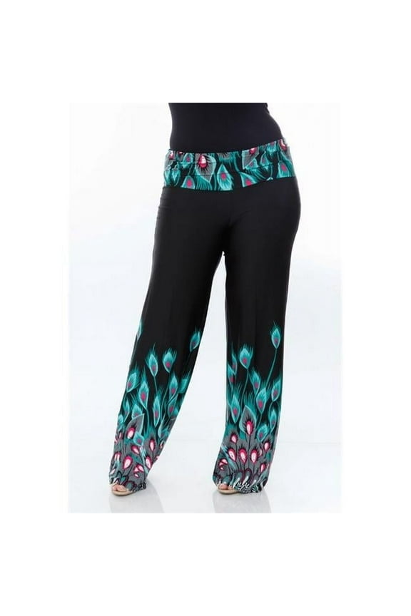 PS550-106-2XL Plus Size Printed Palazzo Pants, 106-Teal Peacock - 2XL