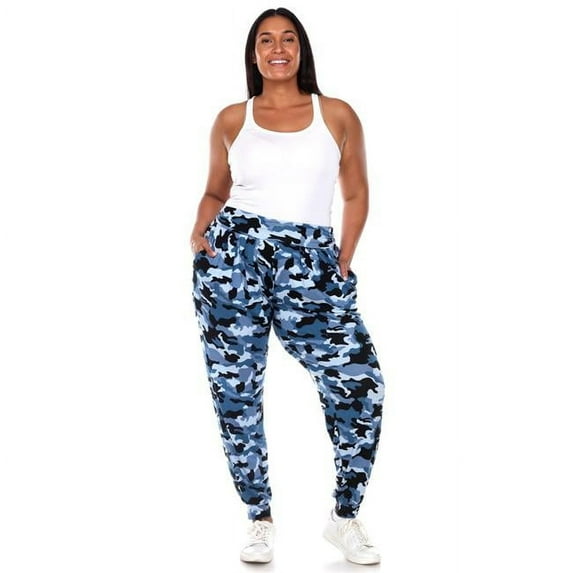 PS560C-Blue-2X Womens Plus Size Camo Harem Pants, Blue - 2X