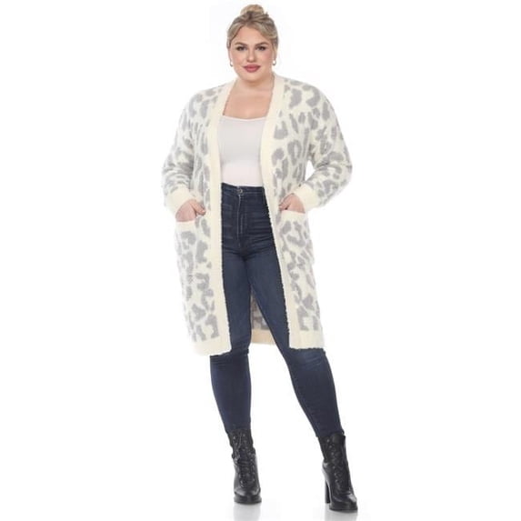 PS8837-03-2X-3X Plus Size Leopard Print Open Front Sherpa Coat, Beige - 2X & 3X