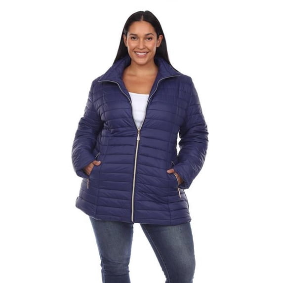 PS8999-02-2X Womens Plus Size Puffer Coat with Zip Closure & Zip Side Pockets, Navy - 2XL