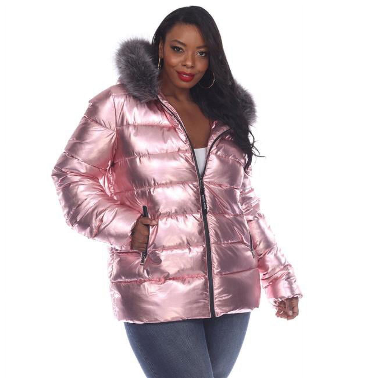 PS926-03-1X Pink Plus Size Metallic Puffer Coat with Hoddie -1X