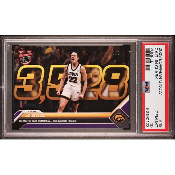 PSA 10 Caitlin Clark 2023 Bowman University Now #49 Purple SP #23/25 Rookie Card