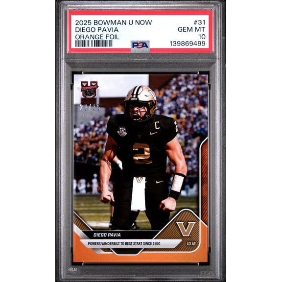 PSA 10 Diego Pavia 2025 Bowman University Now #31 Orange Foil #22/25 Rookie Card