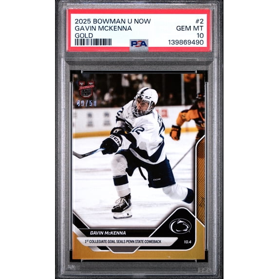 PSA 10 Gavin McKenna 2025 Bowman University Now #2 Gold Foil #8/50 Rookie Card Penn St