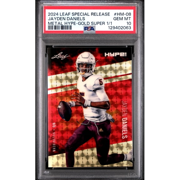 PSA 10 Jayden Daniels 24 Leaf HYPE! Metal #HM-08 Gold Superprismatic 1/1 RC Card