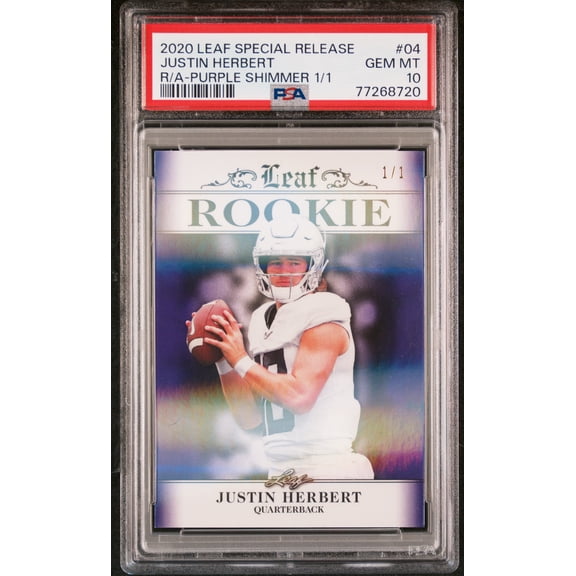 PSA 10 Justin Herbert 2020 Leaf Exclusive #4 Rookie Card Purple Shimmer 1/1