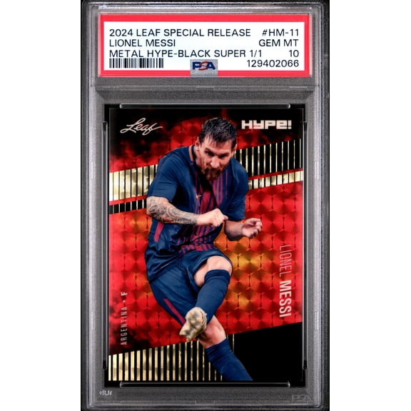 PSA 10 Lionel Messi 2024 Leaf HYPE! Metal #HM-11 Black Superprismatic 1/1 Rare Trading Card Barcelona