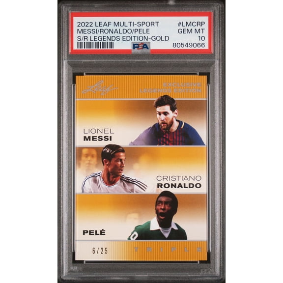 2022 Leaf PSA 10 Pele Lionel Messi Cristiano Ronaldo #LMCRP The Triple Gold #6/25 Rare Trading Card FC Barcelona