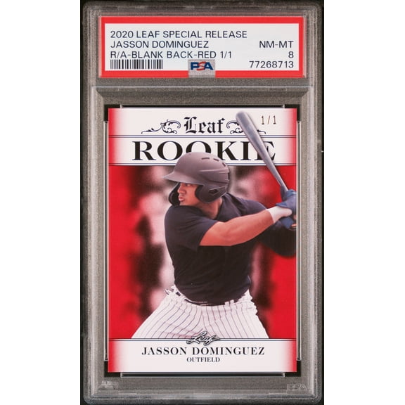 PSA 8 Jasson Dominguez 2020 Leaf Exclusive #1 Rookie Card Blank Back-Red 1/1