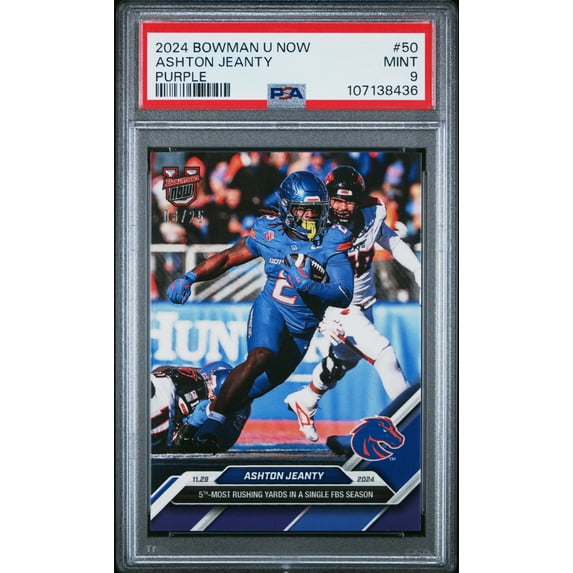 PSA 9 Ashton Jeanty 2024 Bowman University Now #50 Purple #3 of 25 Rookie Card Boise State