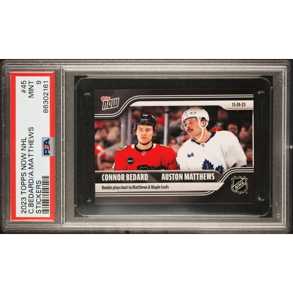 PSA 9 Connor Bedard 2023 Topps Now #45 w Auston Matthews Rookie/Sticker Card Chicago Blackhawks