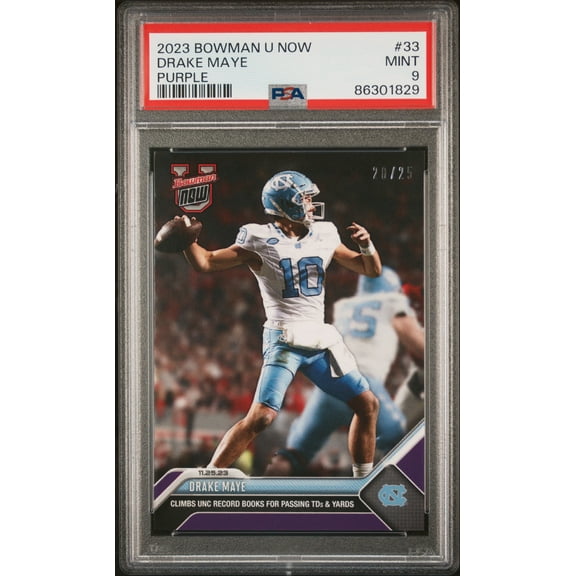 PSA 9 Drake Maye 2023 Bowman University Now #33 Purple SP #20/25 Rookie Card New England Patriots