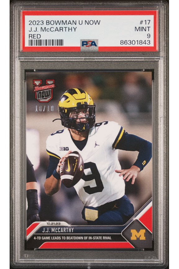PSA 9 J.J. McCarthy 2023 Bowman University Now #17 Red SP #10/10 Rookie Card Minnesota Vikings