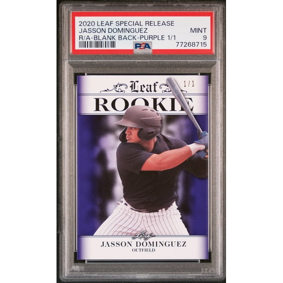 PSA 9 Jasson Dominguez 2020 Leaf Exclusive #1 Rookie Card Blank Back-Purple 1/1