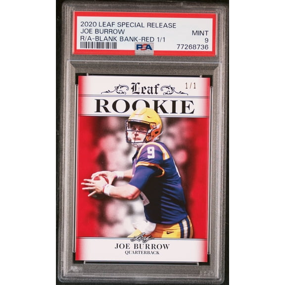 PSA 9 Joe Burrow Bengals 2020 Leaf Exclusive #2 Rookie Card Blank Bank-Red 1/1 PSA 9