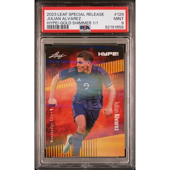 PSA 9 Julian Alvarez 2023 Leaf HYPE #129 Gold Shimmer 1/1 Rookie Card Manchester City