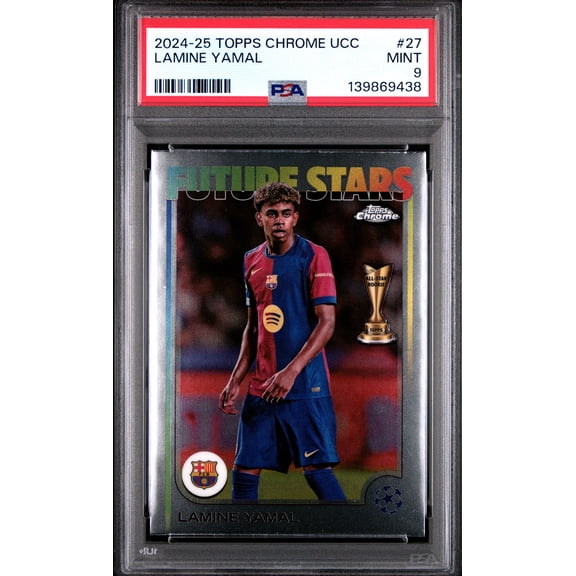 PSA 9 Lamine Yamal 2024-25 Topps Chrome #27 UEFA Club Competitions Rookie Card Barcelona