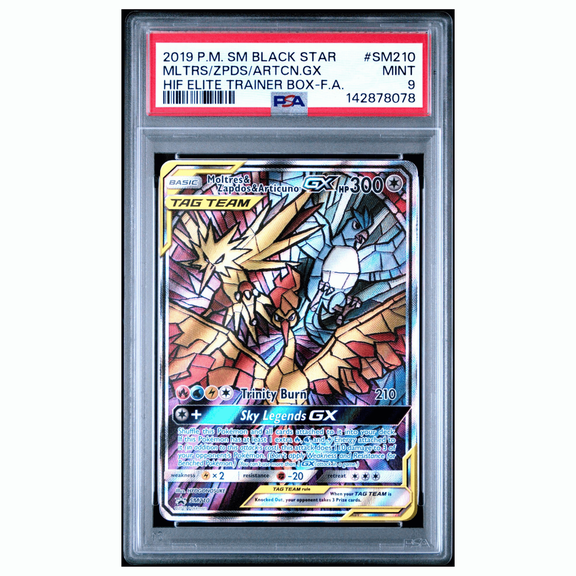 PSA 9 Pokemon Sun & Moon Hidden Fates Moltres & Zapdos & Articuno GX Tag Team Full Art Graded Promo Card SM210 MINT