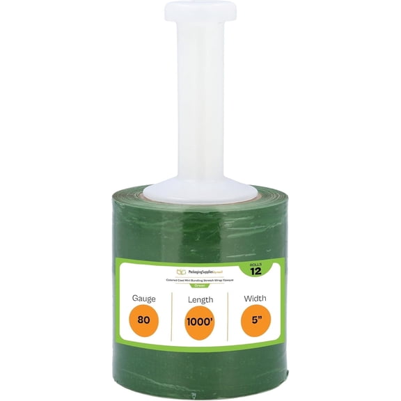 PSBM Cast Mini Stretch Wrap with One Reuseable Handle with Each Case 5" x 1000' 80 Gauge 12 Rolls Green Plastic Shrink Film