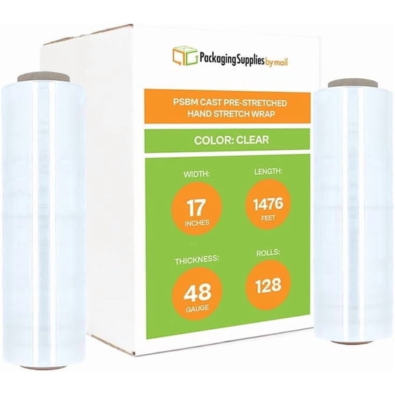 PSBM Cast Hand Pre-Stretch Wrap 15" x 1476 Feet 128 Rolls 48 Gauge Plastic Clear Shrink Film for Moving Packing