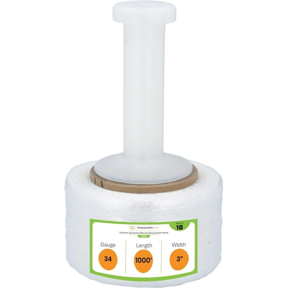 PSBM Cast Hand Pre-Stretched Mini Stretch Wrap 3" x 1000' 18 Rolls 34 Gauge Plastic Clear Shrink Film for Packing
