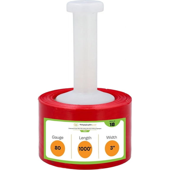 PSBM Cast Mini Stretch Wrap with One Reuseable Handle with Each Case 3" x 1000' 80 Gauge 18 Rolls Red Plastic Shrink Film