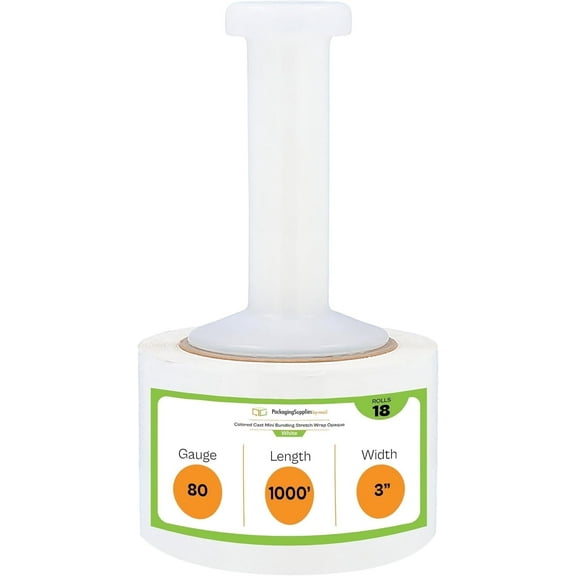 PSBM Cast Mini Stretch Wrap with One Reuseable Handle with Each Case 3" x 1000' 80 Gauge 18 Rolls White Plastic Shrink Film