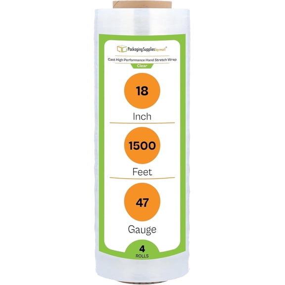PSBM Hand Stretch Wrap 18" x 1500' 4 Rolls 47 Gauge Clear Plastic Shrink Film/Wrap Heavy Duty Industrial Strength Up to 800% Ultimate Stretch, Plastic Wrap for Moving, Packing, Shipping & Storage