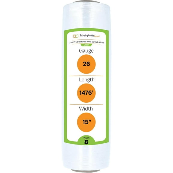 PSBM Cast Hand Pre-Stretch Wrap 15" x 1476 Feet 8 Rolls 26 Gauge Plastic Clear Shrink Film for Moving Packing