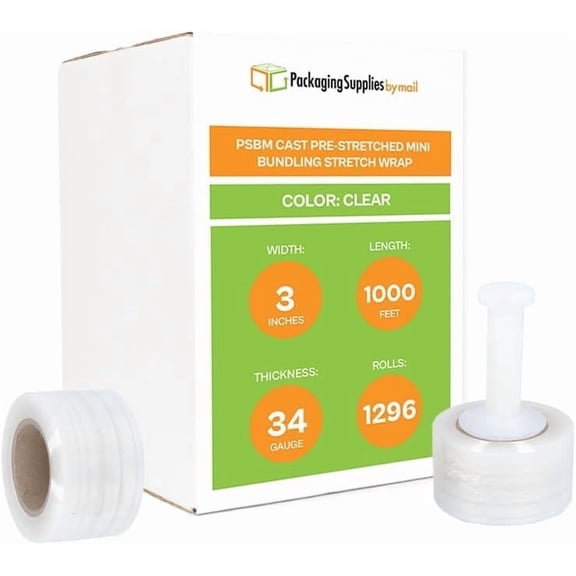 PSBM Cast Hand Pre-Stretched Mini Stretch Wrap 3" x 1000' 1296 Rolls 34 Gauge Plastic Clear Shrink Film for Packing
