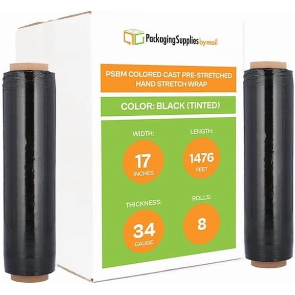 PSBM Cast Hand Pre-Stretched Stretch Wrap 17" x 1476' 8 Rolls 34 Gauge Plastic Tinted Black Shrink Film for Packing