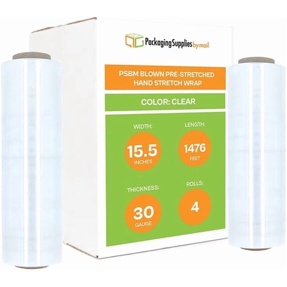 PSBM Cast Hand Pre-Stretch Wrap 15" x 1476 Feet 4 Rolls 30 Gauge Plastic Clear Shrink Film for Wrapping Packing
