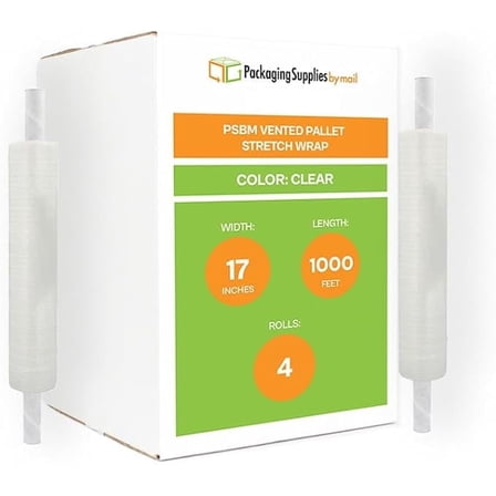 PSBM Extended Core Machine Vented Stretch Wrap Clear 17" x 1000' 4 Rolls 65 Gauge Plastic Clear Airflow for Foods & Greenhouse Plant Packing